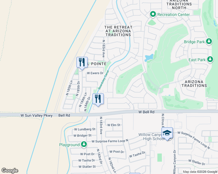 map of restaurants, bars, coffee shops, grocery stores, and more near 17409 North Javelina Drive in Surprise