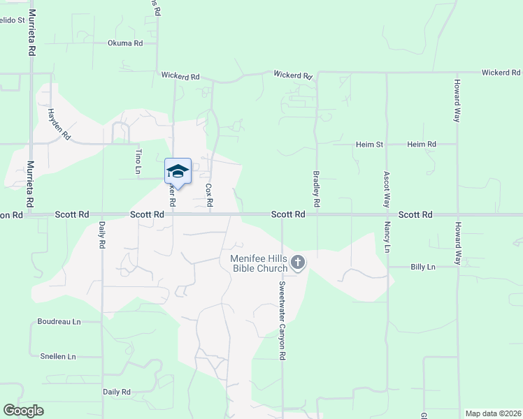 map of restaurants, bars, coffee shops, grocery stores, and more near 26852 Scott Road in Menifee