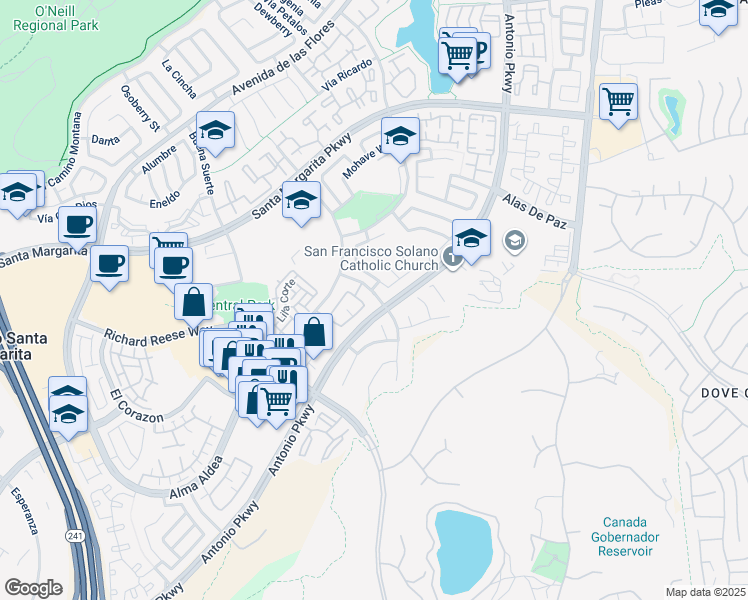map of restaurants, bars, coffee shops, grocery stores, and more near 83 Via Honesto in Rancho Santa Margarita