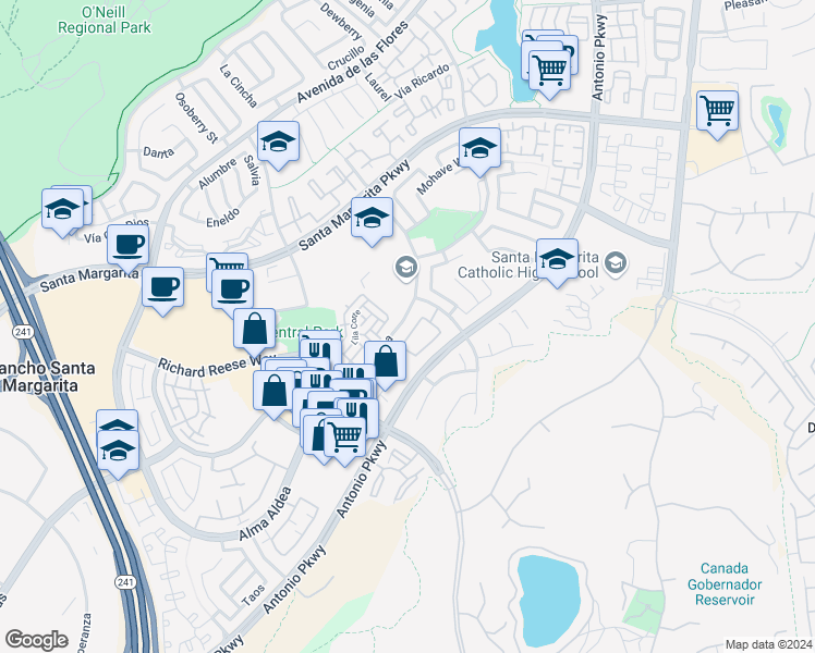 map of restaurants, bars, coffee shops, grocery stores, and more near 47 Vía Meseta in Rancho Santa Margarita
