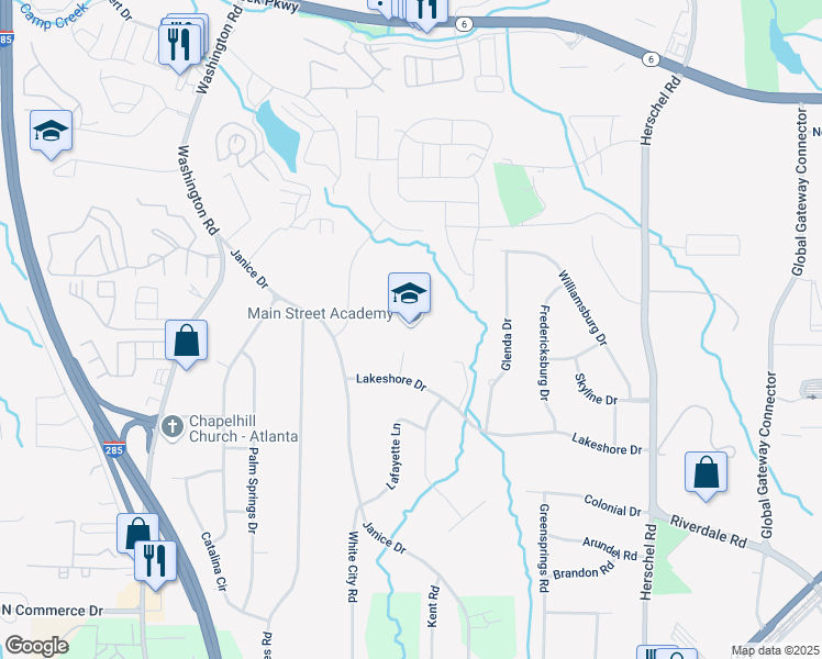 map of restaurants, bars, coffee shops, grocery stores, and more near 2861 Lakeshore Drive in College Park