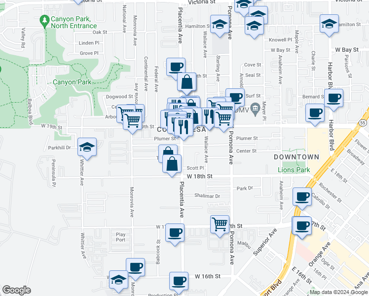 map of restaurants, bars, coffee shops, grocery stores, and more near 799 Center Street in Costa Mesa