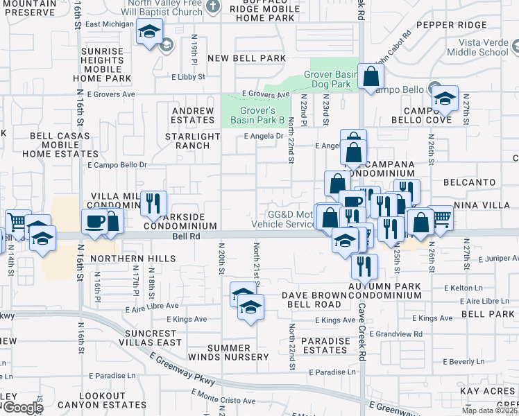map of restaurants, bars, coffee shops, grocery stores, and more near 2150 East Bell Road in Phoenix