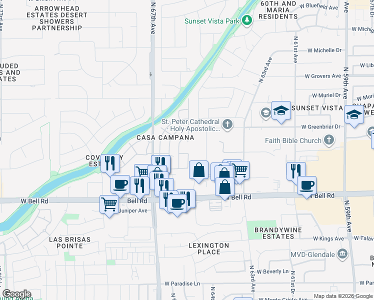 map of restaurants, bars, coffee shops, grocery stores, and more near 6607 Camino De La Campana in Glendale