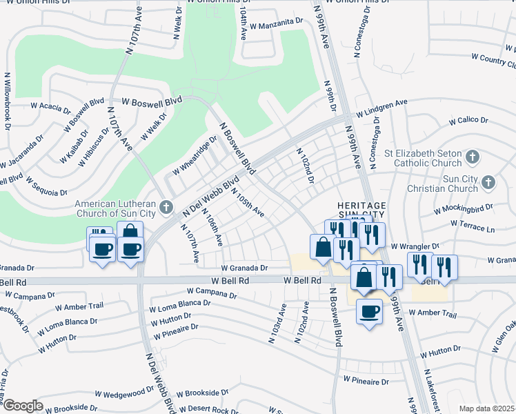 map of restaurants, bars, coffee shops, grocery stores, and more near 17401 North 105th Avenue in Sun City