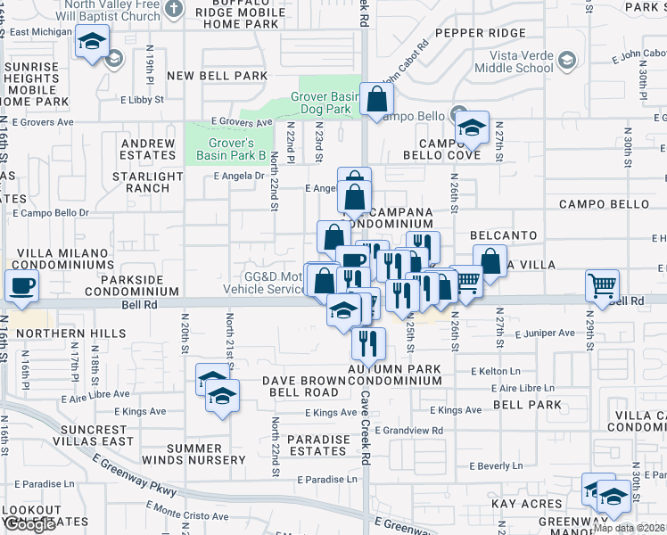 map of restaurants, bars, coffee shops, grocery stores, and more near 2320 North 23rd Street in Phoenix