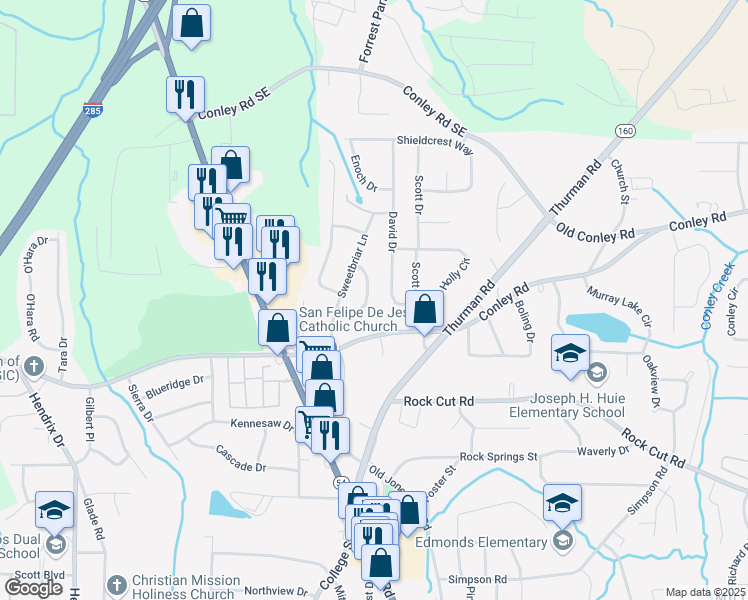 map of restaurants, bars, coffee shops, grocery stores, and more near 4124 Camellia Circle in Forest Park