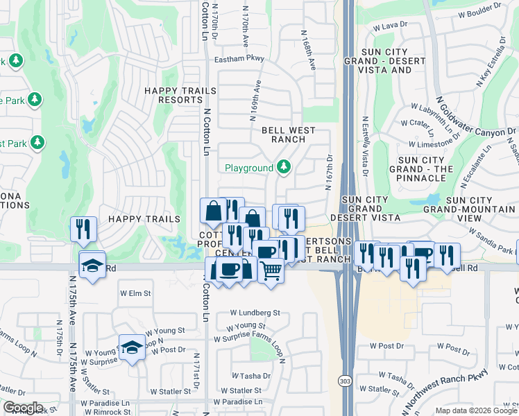 map of restaurants, bars, coffee shops, grocery stores, and more near 16953 West Manchester Drive in Surprise