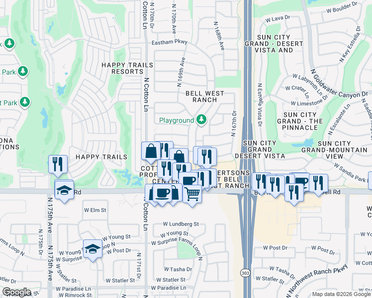 map of restaurants, bars, coffee shops, grocery stores, and more near 16953 West Manchester Drive in Surprise