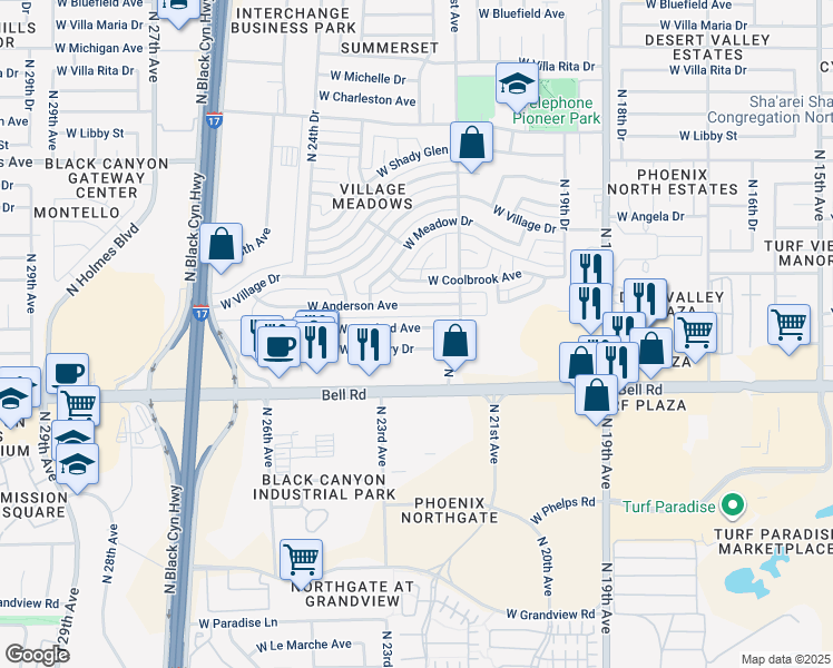 map of restaurants, bars, coffee shops, grocery stores, and more near 2137 West Hartford Avenue in Phoenix