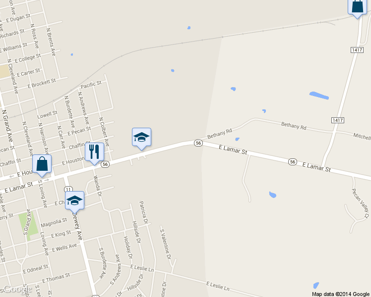 map of restaurants, bars, coffee shops, grocery stores, and more near 2238 E Lamar St in Sherman