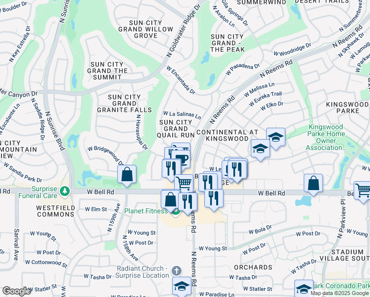 map of restaurants, bars, coffee shops, grocery stores, and more near 17320 North Stone Haven Drive in Surprise