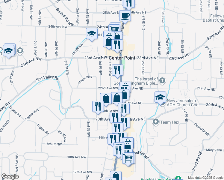 map of restaurants, bars, coffee shops, grocery stores, and more near 101 22nd Avenue Northwest in Center Point