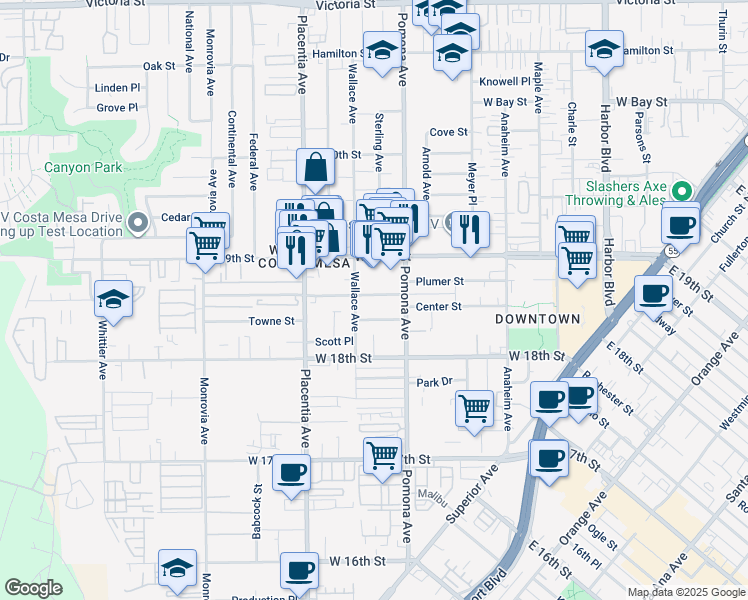 map of restaurants, bars, coffee shops, grocery stores, and more near in Costa Mesa