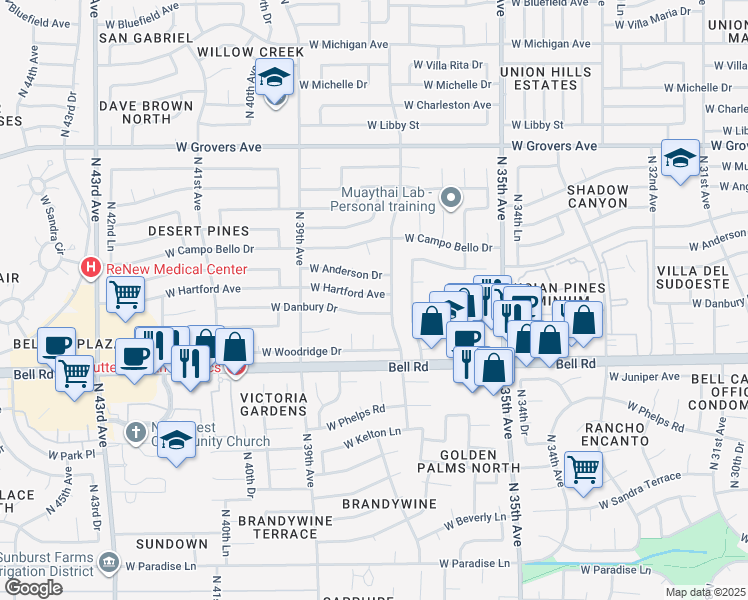 map of restaurants, bars, coffee shops, grocery stores, and more near 3725 West Hartford Avenue in Glendale