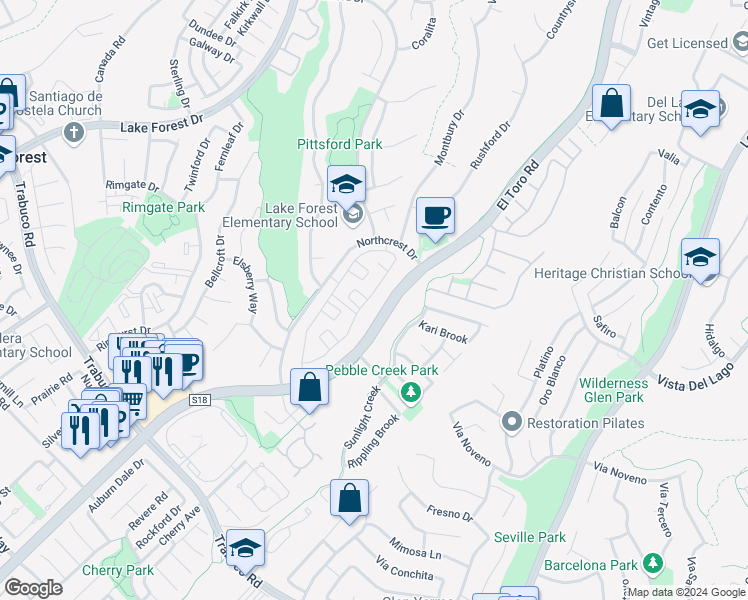 map of restaurants, bars, coffee shops, grocery stores, and more near 22122 Summit Hill Drive in Lake Forest