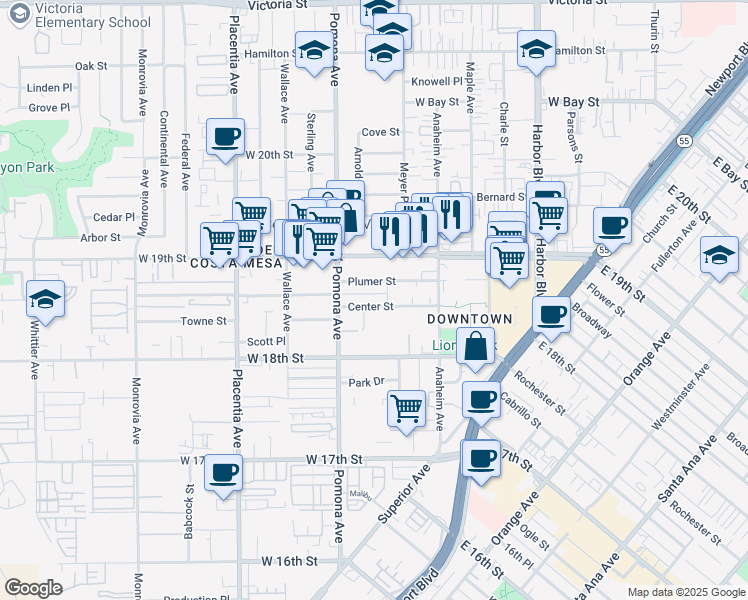 map of restaurants, bars, coffee shops, grocery stores, and more near 664 Center Street in Costa Mesa