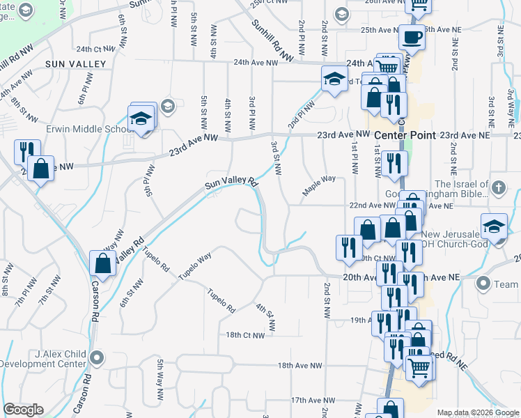 map of restaurants, bars, coffee shops, grocery stores, and more near 338 Sun Valley Circle in Center Point
