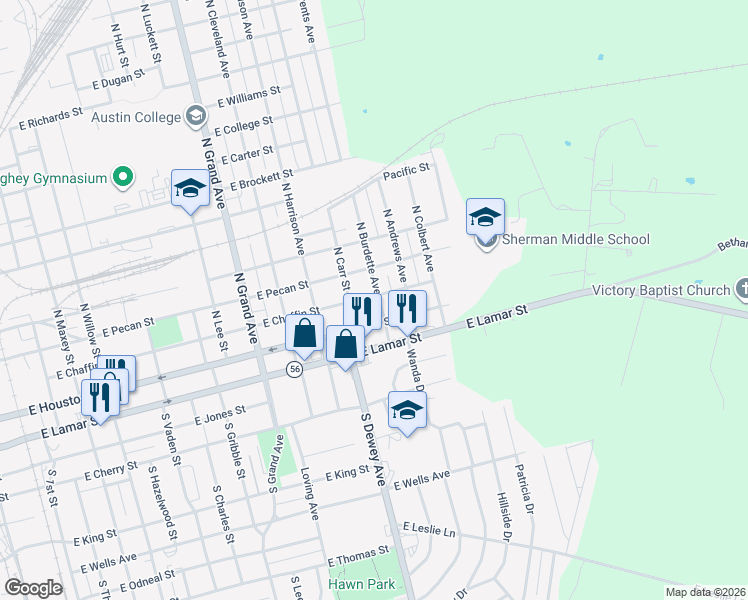 map of restaurants, bars, coffee shops, grocery stores, and more near 126 North Burdette Avenue in Sherman