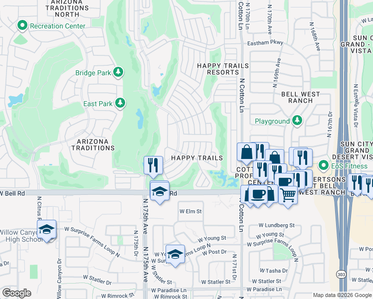 map of restaurants, bars, coffee shops, grocery stores, and more near 17200 West Bell Road in Surprise