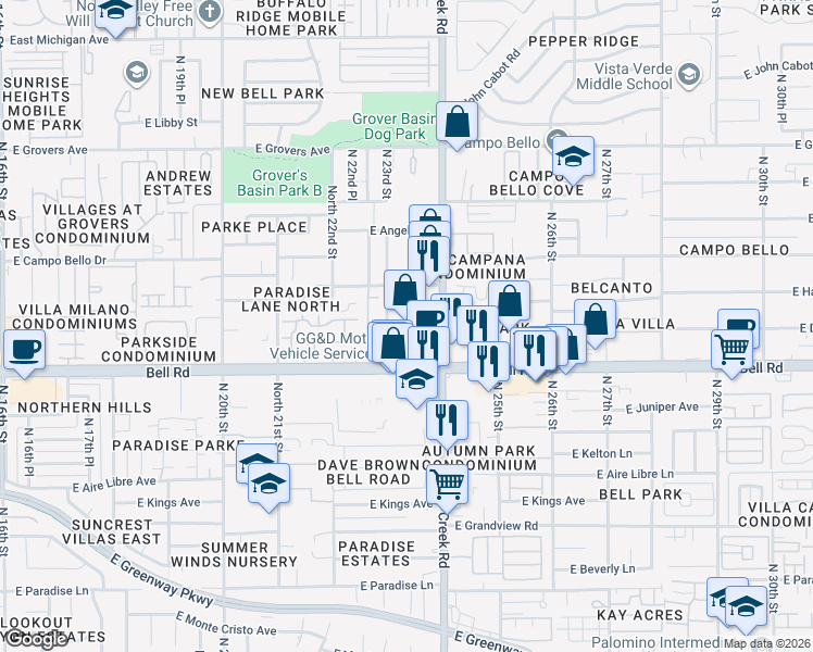 map of restaurants, bars, coffee shops, grocery stores, and more near 2320 East Bell Road in Phoenix