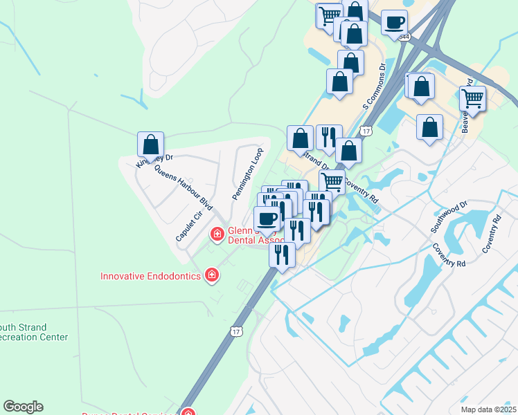 map of restaurants, bars, coffee shops, grocery stores, and more near 142 Ella Kinley Circle in Myrtle Beach