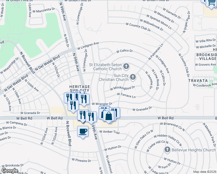 map of restaurants, bars, coffee shops, grocery stores, and more near 17406 North Cottonwood Drive in Sun City