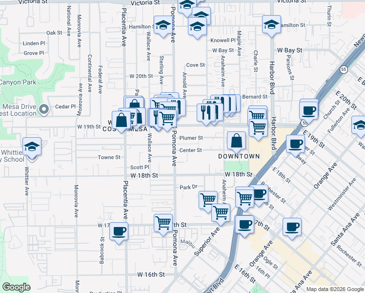 map of restaurants, bars, coffee shops, grocery stores, and more near 686 Center Street in Costa Mesa