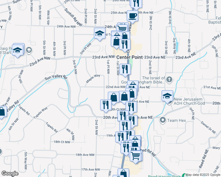 map of restaurants, bars, coffee shops, grocery stores, and more near 117 22nd Avenue Northwest in Center Point