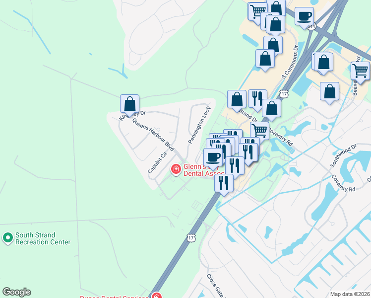 map of restaurants, bars, coffee shops, grocery stores, and more near 413 Pennington Loop in Myrtle Beach
