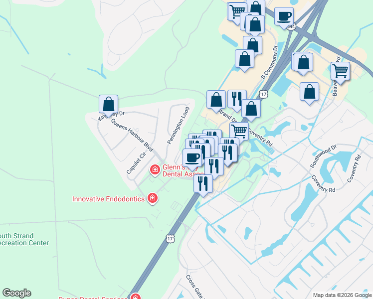 map of restaurants, bars, coffee shops, grocery stores, and more near 304 Shelby Lawson Drive in Myrtle Beach