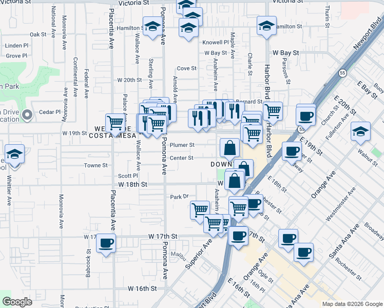 map of restaurants, bars, coffee shops, grocery stores, and more near 642 Center Street in Costa Mesa