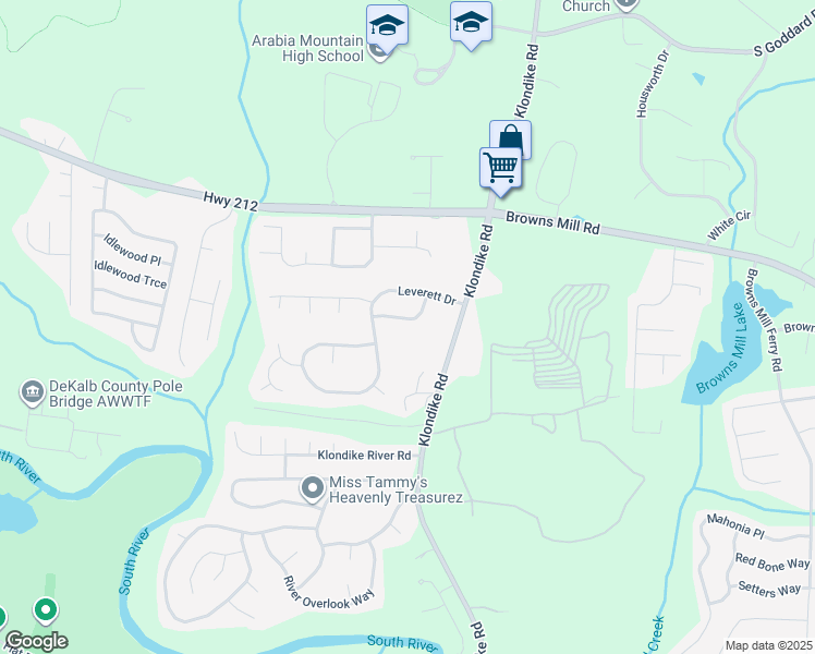 map of restaurants, bars, coffee shops, grocery stores, and more near 6350 Forester Way in Stonecrest