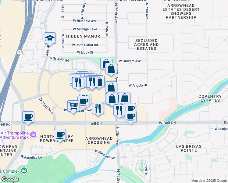map of restaurants, bars, coffee shops, grocery stores, and more near 17520 North 75th Avenue in Glendale
