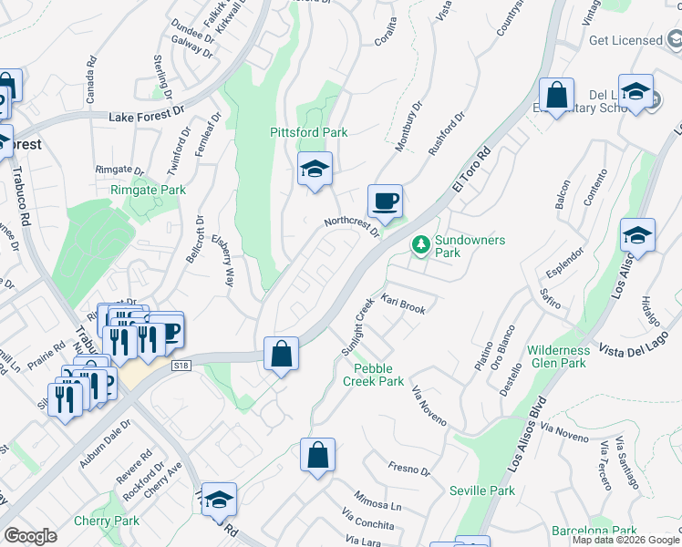 map of restaurants, bars, coffee shops, grocery stores, and more near 22122 Summit Hill Drive in Lake Forest