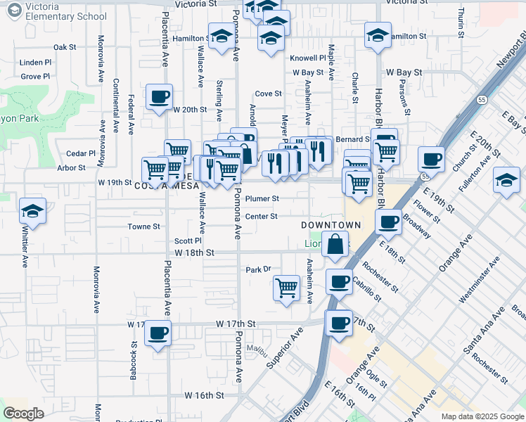 map of restaurants, bars, coffee shops, grocery stores, and more near 664 Center Street in Costa Mesa