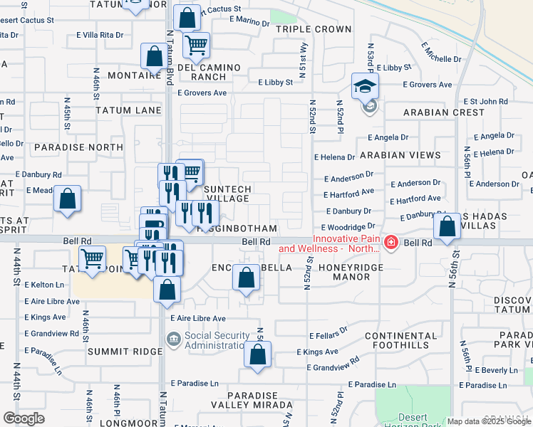 map of restaurants, bars, coffee shops, grocery stores, and more near 50th Place in Scottsdale