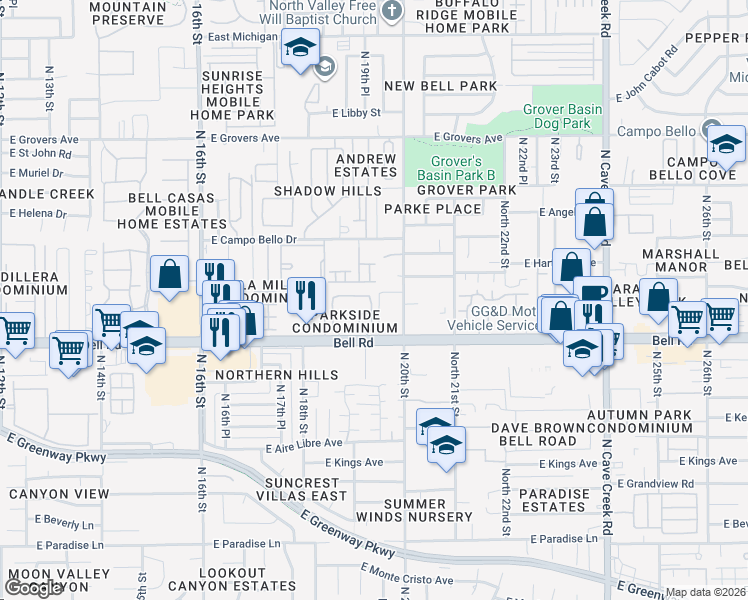 map of restaurants, bars, coffee shops, grocery stores, and more near 1920 East Bell Road in Phoenix