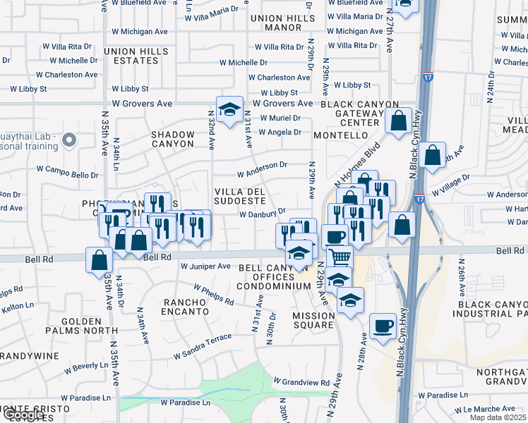 map of restaurants, bars, coffee shops, grocery stores, and more near 3126 West Danbury Drive in Phoenix