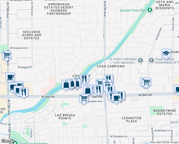 map of restaurants, bars, coffee shops, grocery stores, and more near 17500 North 67th Avenue in Glendale