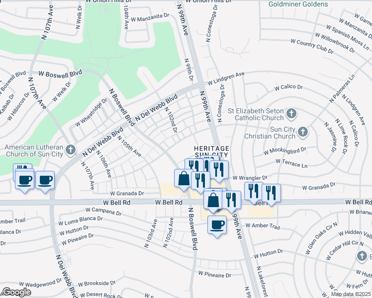 map of restaurants, bars, coffee shops, grocery stores, and more near 17233 Boswell Boulevard in Sun City