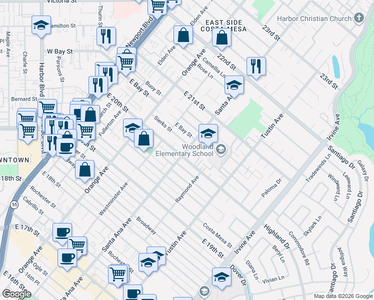 map of restaurants, bars, coffee shops, grocery stores, and more near 2020 Santa Ana Avenue in Costa Mesa