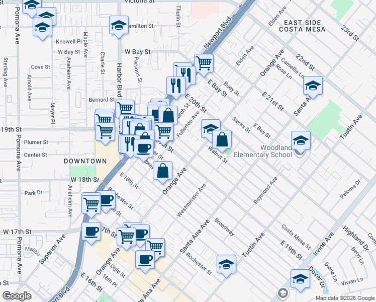 map of restaurants, bars, coffee shops, grocery stores, and more near 177 Costa Mesa Street in Costa Mesa