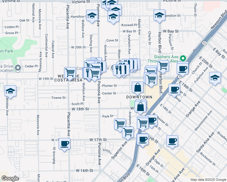 map of restaurants, bars, coffee shops, grocery stores, and more near 652 Center Street in Costa Mesa