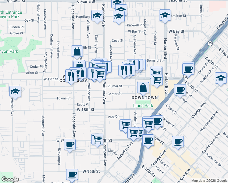 map of restaurants, bars, coffee shops, grocery stores, and more near 686 Center Street in Costa Mesa