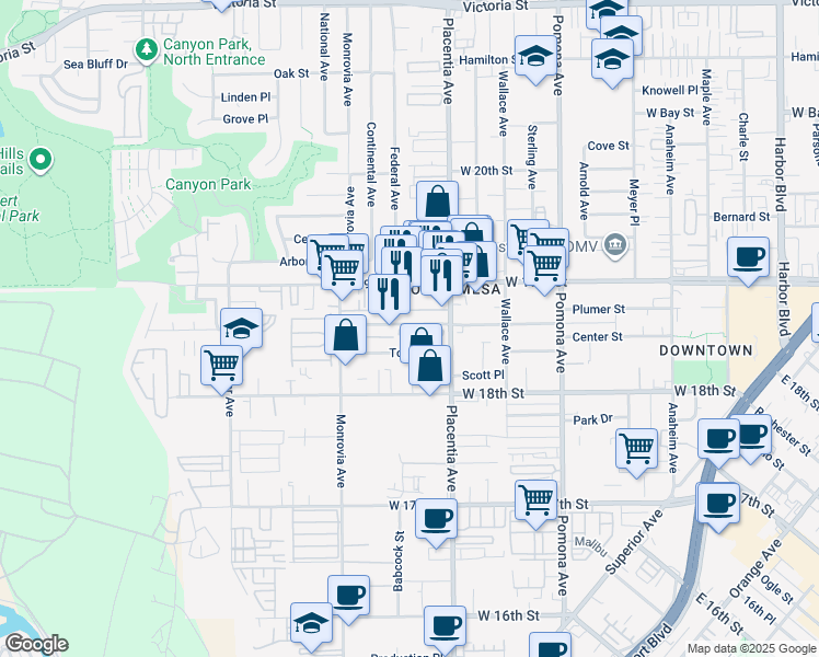 map of restaurants, bars, coffee shops, grocery stores, and more near 825 Center Street in Costa Mesa