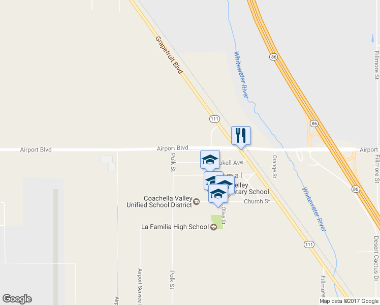 map of restaurants, bars, coffee shops, grocery stores, and more near 87085 Airport Boulevard in Thermal