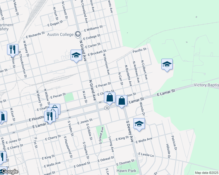 map of restaurants, bars, coffee shops, grocery stores, and more near 204 North Harrison Avenue in Sherman