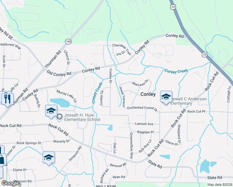 map of restaurants, bars, coffee shops, grocery stores, and more near 4122 Conley Drive in Conley