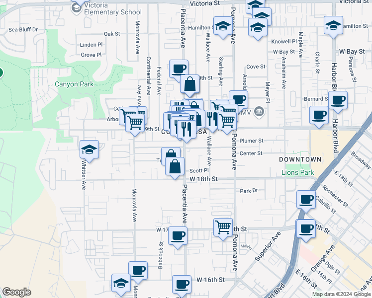 map of restaurants, bars, coffee shops, grocery stores, and more near 799 Center Street in Costa Mesa